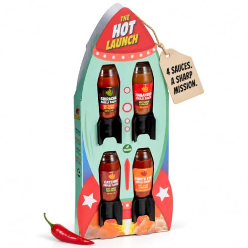 MIJOMA The Hot Launch Chilli Sauce Set – Geschenkset in Raketenform mit 4x50ml extrem scharfen Saucen – Sriracha, Habanero, Cayenne, Bird’s Eye – Vegan