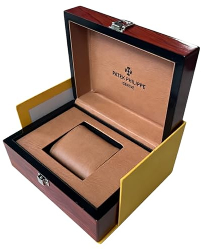 ROUREOX Uhren Präsentationsbox Set Gelb Umkarton Rot Holzmaserung Truhe Hellbraun Futter Schutz für Patek Philippe