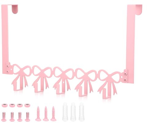 Sinbana Pink Bow Over The Door Hook, Cute & Heavy-Duty Metal Towel Hanger with 5 Coat Hooks for Bedroom Bathroom Kitchen & Door Hanger Organizer (Pink)