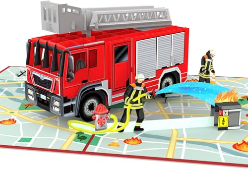 papercrush Pop-Up Karte Feuerwehrauto, 3D Glückwunschkarte zur Einschulung | Einschulungskarte für Jungen zum 1. Schultag, Geburtstagskarte für Feuerwehrmänner, Einladungskarte zum Kindergeburtstag