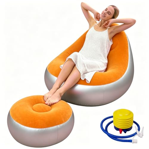Shyllin Luftsofa, Campingsofa mit Fußhocker, Tragbare Flocking Aufblasbare Couch, Aufblasbarer Sessel, Pool Sessel, Airlounge, Sitzsack Outdoor, für Camping, Zuhause (2, Orange, 1 Person)