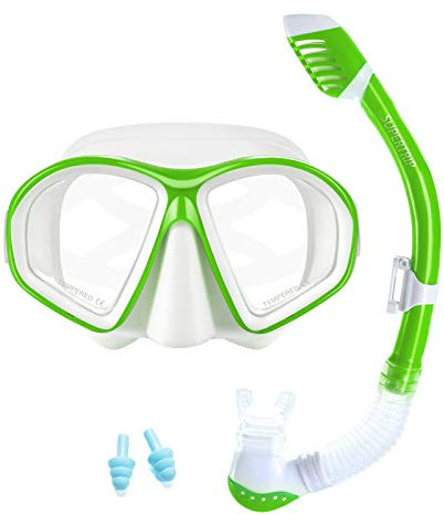 Supertrip Schnorchelset Kinder, Gehärtetes Glas Taucherbrille mit Dry Schnorchel, Tauchmaske Schnorchelmaske Tauchen Set Schnorchelbrillen für Junge Mädchen 6-14 Jahre (Grün)