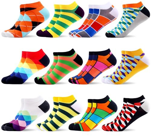 WeciBor Calzini Alla Caviglia Colorati Divertenti da Uomo, 12 Paia Multicolore Geometrico, Taglia 43-46