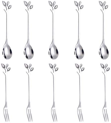 AnSaw Mini-Löffel und Gabeln, 11,9 cm, Edelstahl, Blattgriff, ideal für Kaffee, Tee, Vorspeisen, Verkostungen, Partys, Charcuterie und Cocktails, 10-teilig