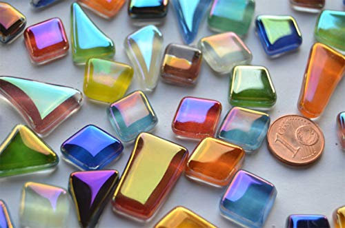100g unregelmäßige Softglas - Mosaiksteine mit Regenbogenschimmer ca. 50 Stück (irisierend bunt)