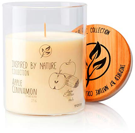 Inspired by Nature Duftkerze | Apfel Zimt | Sojawachskerze im Glas mit eleganten Holzdeckel und intensiven Duft | 50 Stunden Brenndauer | 275g