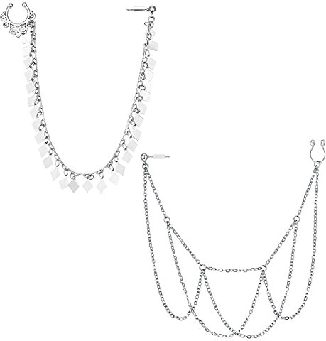 LAURITAMI 2stk Fake Nasenpiercing Kette Chirurgenstahl Fake Septum Hoop Non Pierced Nasenring Clip auf Nase mit Ohrring Stecker