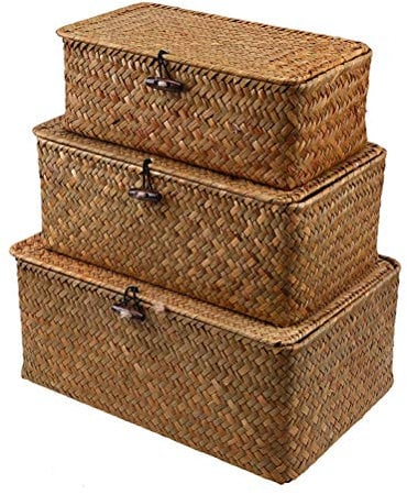 Esoes Aufbewahrungskorb aus geflochtenem Rattan, Aufbewahrungsbox mit Deckel, Seegras, Wäschekörbe, Make-up-Organizer für Badezimmer, Wohnzimmer, Küche
