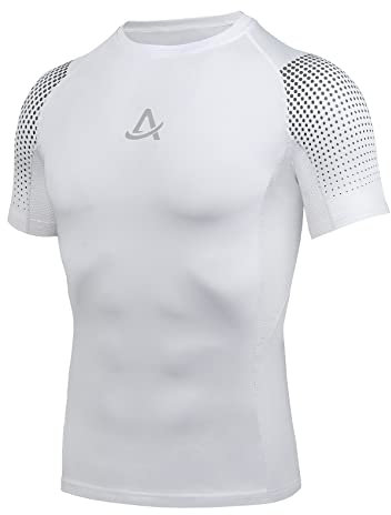 AMZSPORT Herren Kompressionsshirt Kurzarm Sportshirt Schnelltrocknend Laufshirt Funktionsshirt, Weiß Size XL