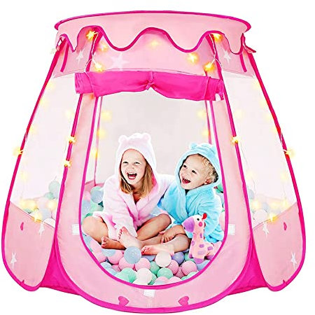 Newthinking Pop Up Spielzelte für Mädchen, Faltbares Kinderspielzelt mit Sternenlichtern, Rosa Prinzessin Spielhaus Indoor und Outdoor Bällebad Traumburg Zelt für 5 6 7 8 Mädchen