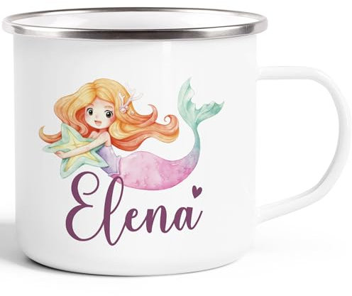 SpecialMe® Emailletasse Meerjungfrau Prinzessin Kinder Motiv personalisiert Becher Emaille personalisierte Geschenke weiß-metall Emailletasse