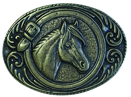 BELTINGER Gürtelschnalle Pferdekopf umrahmt 4,0 cm | Buckle Wechselschließe Gürtelschließe Reitaccessoires 40mm Massiv | für Reit-Outfit | Altmessing
