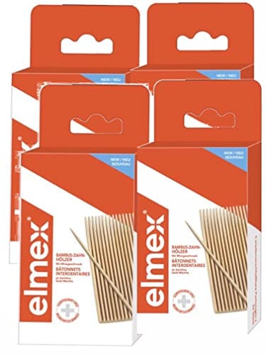 Elmex Interdental-Stäbchen – Entfernen von Zahnbelag – Box mit 32 Stäbchen aus Bambus – wiederverschließbare Beutel – 4 Packungen mit 32 Stäbchen (4)