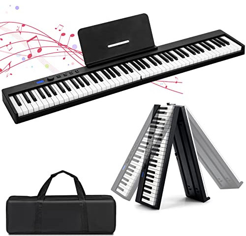 GYMAX 88 Keys Foldable Keyboard Piano, Full-size Digital Piano with Bluetooth, USB/MIDI Controller, Sustain Pedal, Rechargeable Battery & Piano Bag, Portable Electronic Keyboard for Beginners (Black)