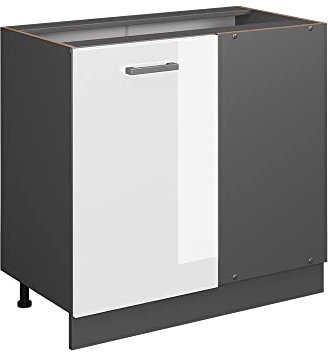 Vicco Eckunterschrank R-Line, Weiß Hochglanz/Anthrazit, 86 cm ohne Arbeitsplatte