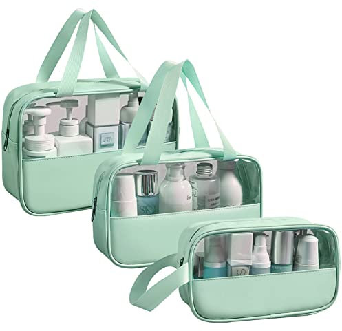 Mikytoper Transparente Kulturbeutel 3 Stück, PVC wasserdichte Spleiß-Kosmetiktasche, große Kapazität Handheld Make-up Tasche, Reise Make-up Taschen für Männer und Frauen, blau, Moderne Nähte