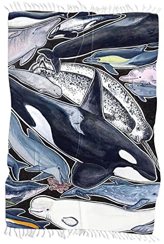 FANSU Strandtücher mit Fransen, Meerestiere Drucken Strandtuch Schnelltrocknend Sandfrei Badetuch Groß Mikrofaser Handtuch für Meer Reisen, Gratis Aufbewahrungsbeutel (244x150cm,Karikatur Delfin)