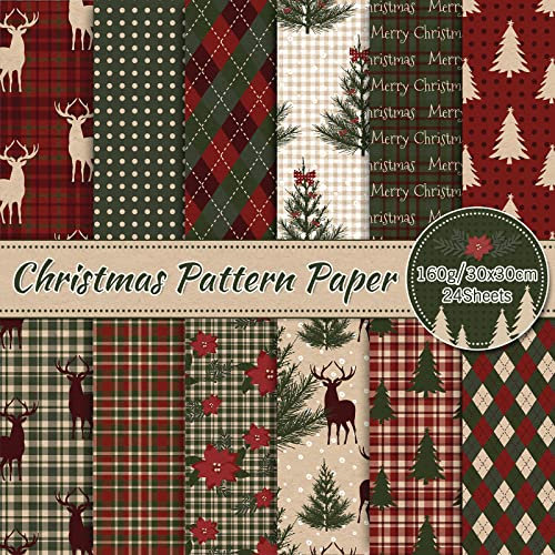Whaline 24 Stück Weihnachtsmusterpapier, 30x30 cm, Woodland Merry Christmas, Scrapbook-Papier, doppelseitig, kariert, Weihnachts-Bastelpapier, flach gefaltet, Dekoration, 12 Designs