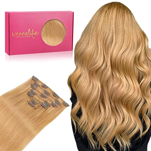 WENNALIFE Clip in Extensions Echthaar, 35cm 14 Zoll 120g 7pcs Erdbeeren Blond Hair Extensions Clip in Echthaar Remy Clip in Haarverlängerung Natürliche Echthaar Extensions