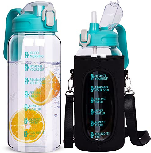 DEARRAY 2 Litre Glass Water Bottle with Straw & Time Markings 2l Large Leakproof Motivational Glass Drinking Bottle Big Glass Pitcher Jug with Lid bpa free Glass Carafe, Dark Cyan, 2000ml