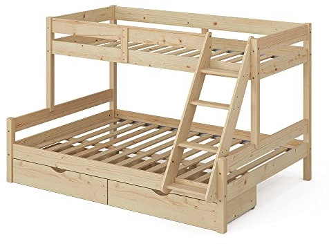 VitaliSpa Etagenbett Everest, Naturholz, 140x200 / 90x200 cm mit Schubladen