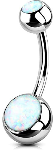 OUFER 14G Bauchnabelpiercing Ring Titan 10 mm Piercing Bauchnabel Lang Kurz Weißer Opal Edelstein Kugeln Belly Button Piercing Navel Bars Silber 1.6 mm Nabelring Frau Schmuck