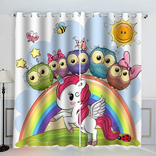 VASENA Regenbogen Pferd Niedlicher Cartoon Vorhänge Blickdicht mit Ösen 2er Set Kindervorhänge 3D Gedruckt Eule Gardinen Modern Home Dekoration (183x214 cm)