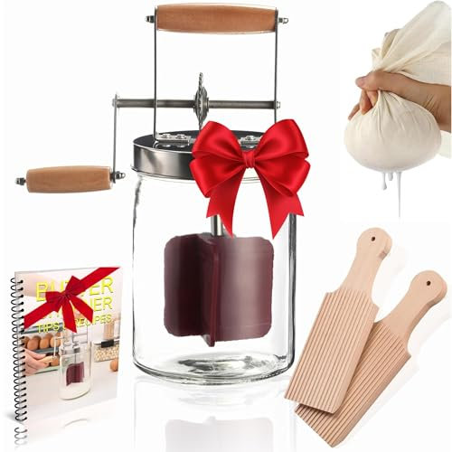 Dazey Butterkanne - Käsetuch und Butterpaddel aus Buchenholz - Handkurbel Butterkanne - Manueller Butterbereiter - Erstellen Sie köstliche hausgemachte Butter mit Ihrer eigenen Handkurbel Dazey