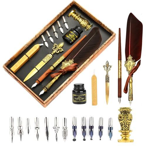 Joyeee Calligraphy Set for Beginners Adults, Inclued Antique Sealing Wax Kit, Wooden Comic Dip Pen, 17 Dip Pen Nibs for Writing, 2 in 1Pen Stand Base and Wax Stamp for Sealing Letter, Brown