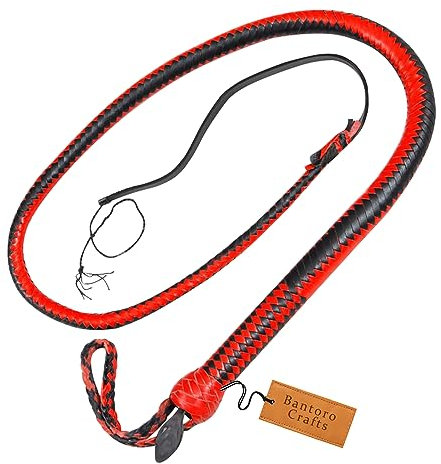 Bantoro Crafts Fouet en cuir 12 tresses, 1,2 m de long, rouge et noir, pour équitation, craquelage, bétail, cirque, équestre