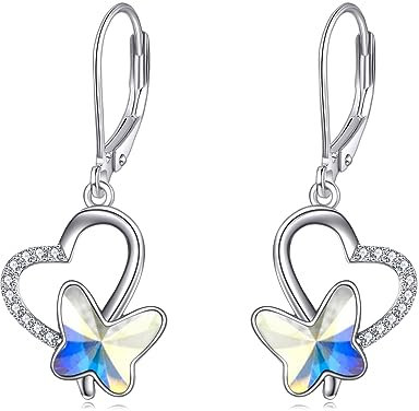 AOBOCO Schmetterling Ohrringe Damen 925 Sterling Silber Leverback Herz Ohrringe Baumeln Tropfen mit Nordlicht Kristall aus Österreich Geburtstags Geschenke für Frauen Mädchen Frau Tochter Freundin