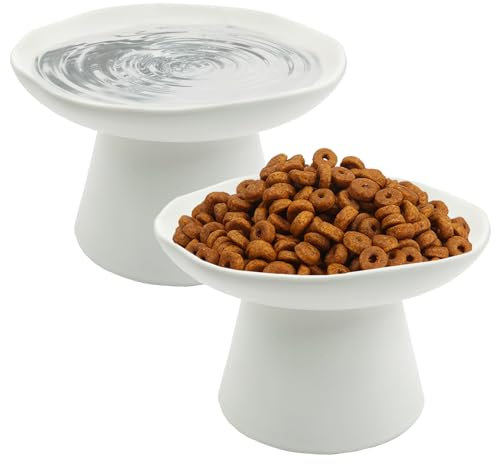 VCEPJH Cuencos elevados de comida para gatos, platos poco profundos para gatos, paquete de 2 platos elevados de cerámica para gatos, 6.1 pulgadas, antifatiga, ancho para mascotas, alimentador de agua
