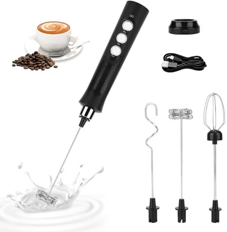 Miawtro Mousseur à lait portable, rechargeable par USB avec deux têtes de rechange, mini fouet électrique, mousseur à café pour latte, cappuccino, chocolat chaud, œufs (noir)