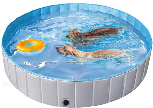 Yaheetech Hundepool faltbar, Planschbecken für Hunde 180 x 30 cm, Anti-Rutsch-Platten, Schnelle Entwässerung, Hundebadewanne mit Badebürste & 4 Flicken, Swimmingpool Verdickt PVC, Grau