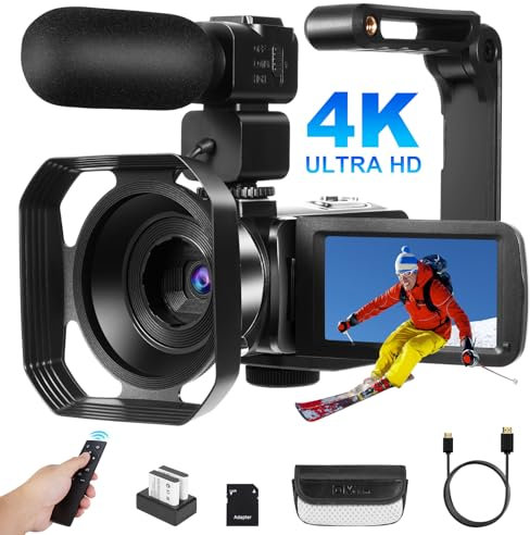 LAMA 4K Camcorder, Video Camera 48MP IR Night Vision Vlogging Camera 18X Zoom WiFi Digital Recorder with 64GB SD Card, Microphone, Handheld Stabilizer, Lens Hood, Remote, 2 Batteries, Charger Slot
