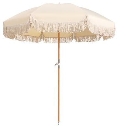 TRGCJGH Parasol de Jardin, Parasol de marché, Parapluies en Bois À Pampilles Rondes, Parasols De Plage Pliant (Beige)