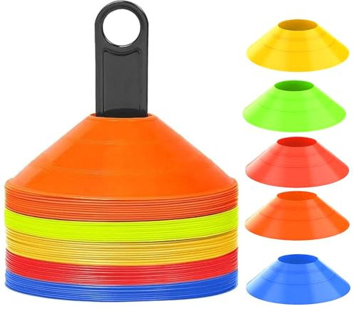 50 Stücke Hütchen Fussball, Runde Markierungshütchen mit Ständer, Fussball Trainingszubehör, Fussball Zubehör, Trainingshütchen für Fussball, Hockey, Handball, Koordinationstraining (5 Farben)
