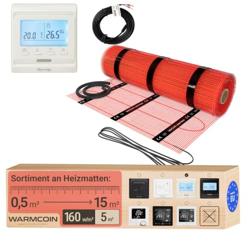 Elektrische Fußbodenheizung Heizmatten-Set mit Digital-Thermostat 5 m² | Programmierbares Raumthermostat mit LCD; Elektro-Flächenheizung 160 W/m², selbstklebend, Bodenfühler; für Fliesen
