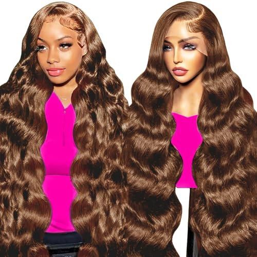 Alionly Human Hair Wig, Echthaar PerüCke Chocolate Brown Body Wave 13x6 HD Lace Front Wig Human Hair, #4 Brun Clair 180 Dichte PerüCke Damen Mit Babyhaar 28 Zoll (70 cm)