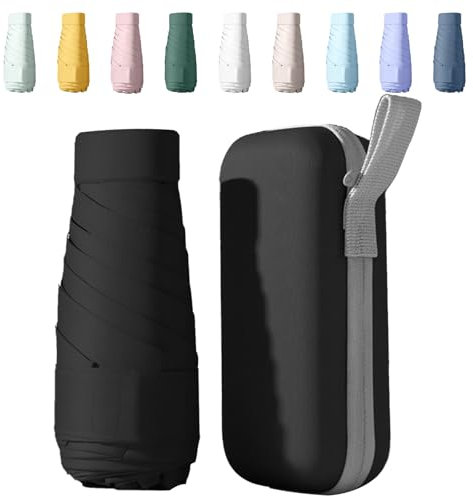 Sykerout Mini Regenschirm - Kompakter Taschenschirm, Faltbarer Reise-Schirm Klein Mit Etui, UV-Schutz (Schwarz)