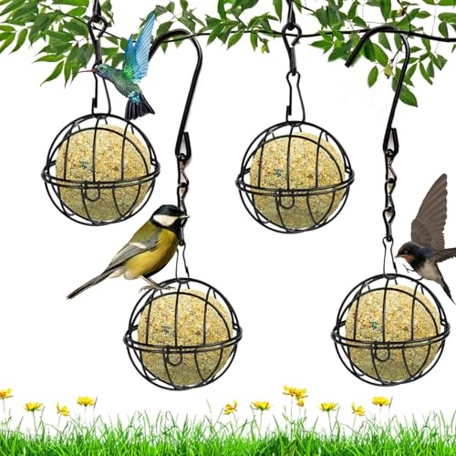 4 Stück Metall Vogelfutterstation mit 4 S-Förmiger Haken, Aufhängen Vogelfutterspender, Durchmesser 7cm Meisenknödelhalter, Maisenknödelhalterung für Vögel, Wildvögel, Spatzen, Rotkehlchen (Schwarz)