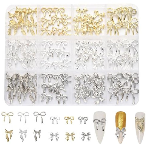 Bow Nail Charms,3D Bow Nail Gems and Charms,Metal Alloy Gold Silver Bowknot Bowtie Nail Art Decoration Nail Jewels for Women Girls Nail Design DIY Crafts (Gold Silver A)