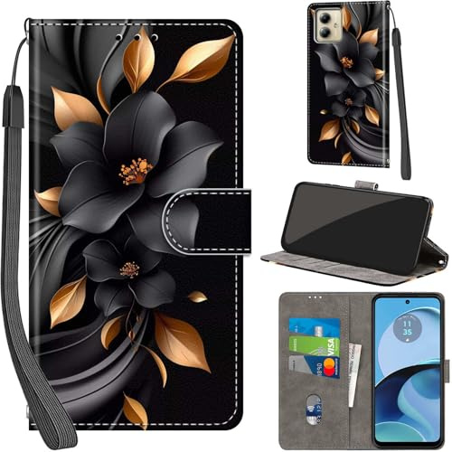 PHINIENLAND Handyhülle für Motorola Moto G14 Hülle Leder Wallet Blumen | 3 Kartenfächer & 1 Geldfach, Magnetverschluss, Ständerfunktion, robuste premium PU leder klapphülle für Moto G14