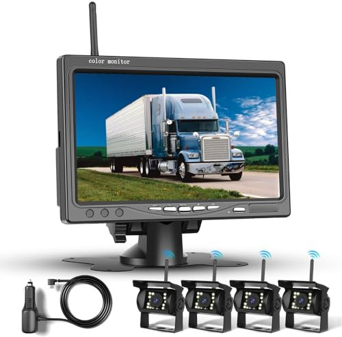 Kit di quattro telecamere posteriori 1080P HD senza fili, monitor LCD da 7 pollici con 4 telecamere di backup per rimorchi camper camion auto bus, linee guida, IP68, visione notturna, 12V-36V