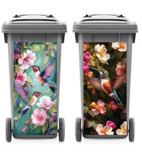 ANATTASOUL 2 Sheets Wheelie Bin Stickers Decorative Hummingbird Flower Waterproof Dustbin Decor, 14.9x 32.2 Adhesive Large Decal for Bins, Fridge, Wall Outdoor, Indoor Decoration