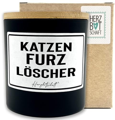 HERZBOTSCHAFT Duftkerze mit Spruch – Katzenfurzlöscher – originelles Geschenk, handgemachte Sojakerze im Glas, nachhaltig, optional mit personalisiertem Bambusdeckel