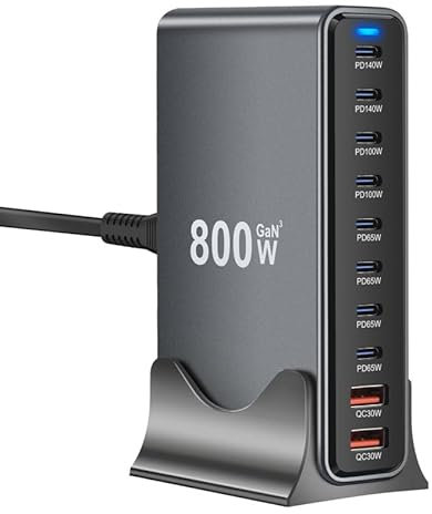 800W GaN3 Fast Charging Station - Multi-port Charger Block, 8×USB-C Ports (140W/100W/65W) & 2×USB-A Ports (30W QC) - Compact Multi-Device Charger, Compatible with Laptops, iPhone 15/16, Galaxy, PS5