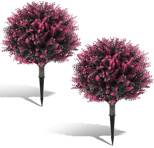 Pair(2) Artificial Rose Boxwood Topiary Ball Bush for Outdoor with Ground Spike,28 UV Resistant Faux Boxwood Ball Tree, Fake Rose Boxwood Plants for Garden, Yard, Porch, Patio Decor