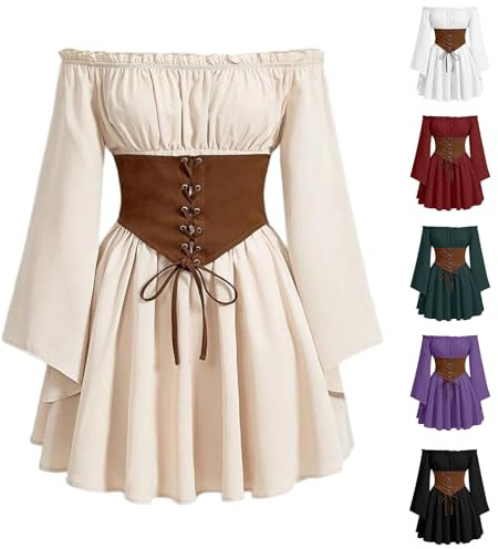 BVEBJDX Womens Renaissance Mini Dress Off Shoulder Gothic Victorian Dresses with Corset Vintage Medieval Costume Pirate Fancy Dress Cosplay Halloween Costume Retro Ruffle A-Line Dresses White