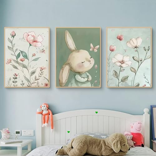 TROYSINC 3er Easter Poster Set,Hase Frühling Blume Osterei Bilder für Kinderzimmer, Wandbilder Wohnzimmer, Ostern Decoration, ohne Rahmen (A,30x40cm)